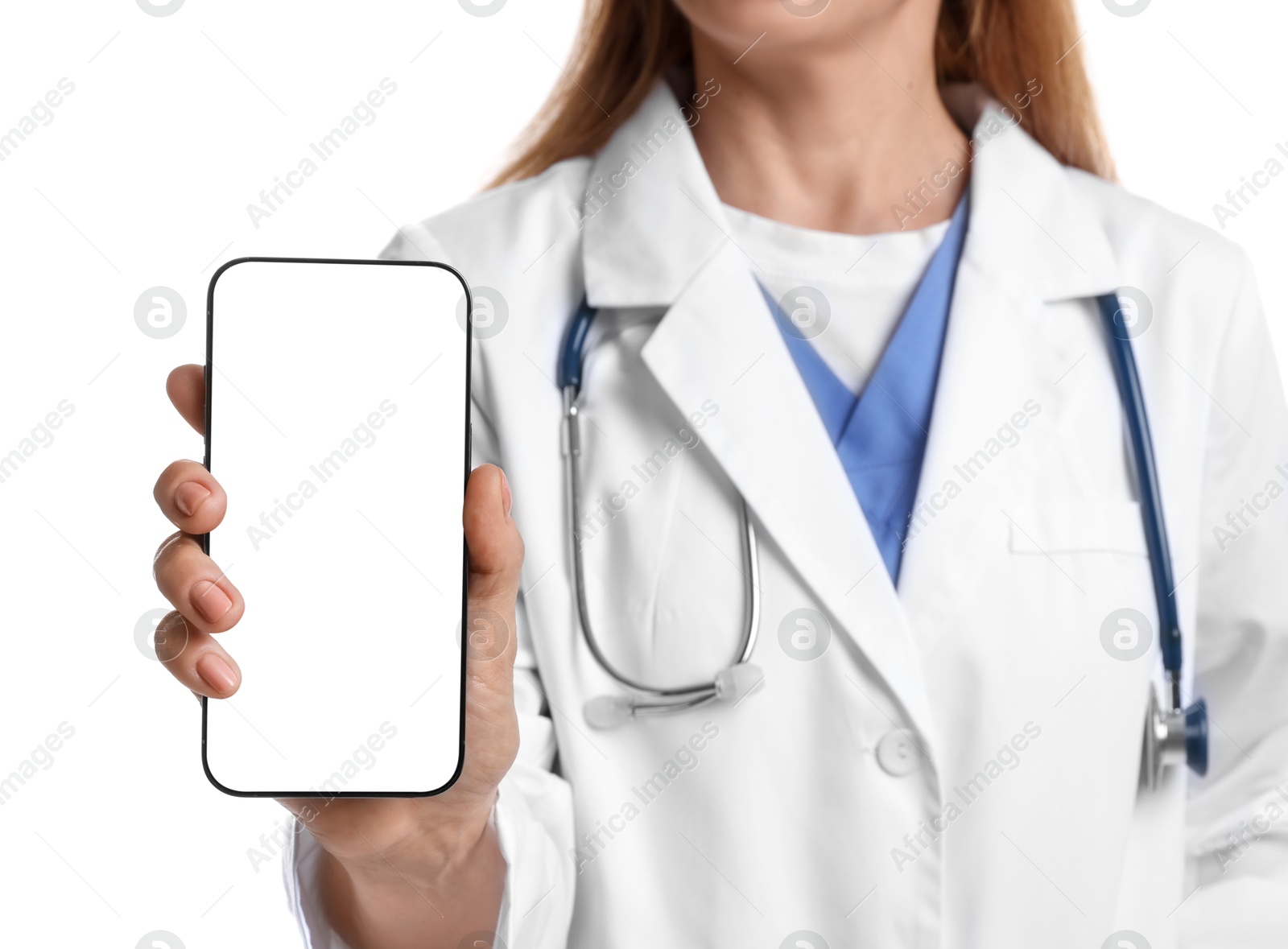 Photo of Doctor showing smartphone with blank screen on white background, closeup. Mockup for design