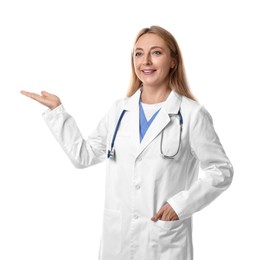 Photo of Doctor with stethoscope showing something on white background