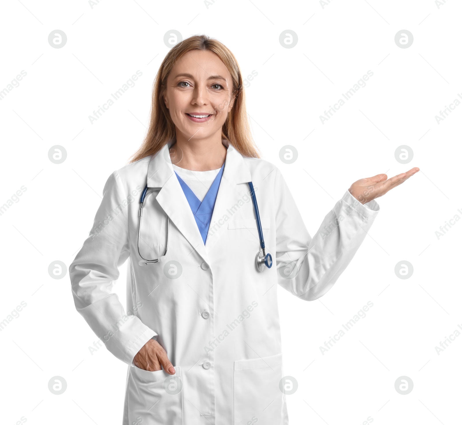 Photo of Doctor with stethoscope showing something on white background