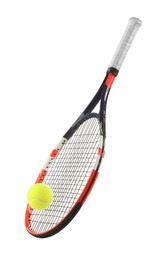 Photo of Tennis racket with ball isolated on white