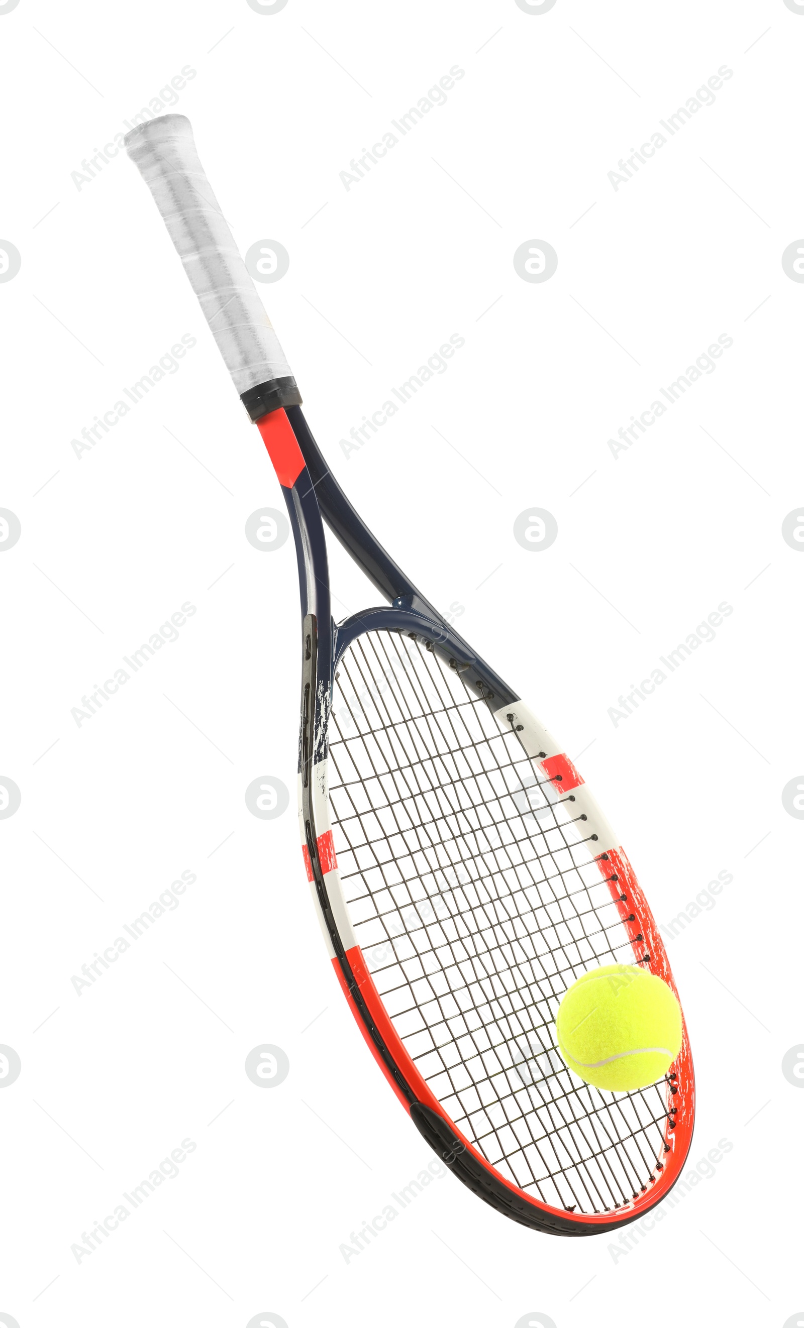 Photo of Tennis racket with ball isolated on white