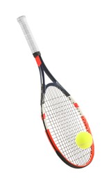 Photo of Tennis racket with ball isolated on white