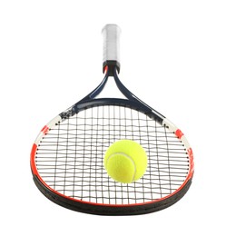 Photo of Tennis racket with ball isolated on white