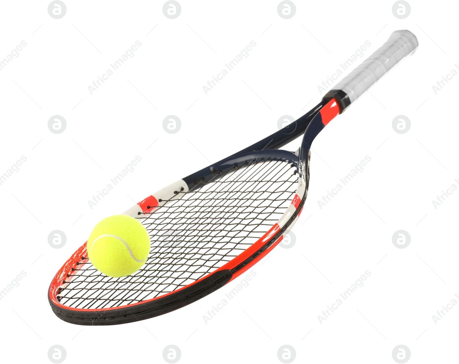 Photo of Tennis racket with ball isolated on white