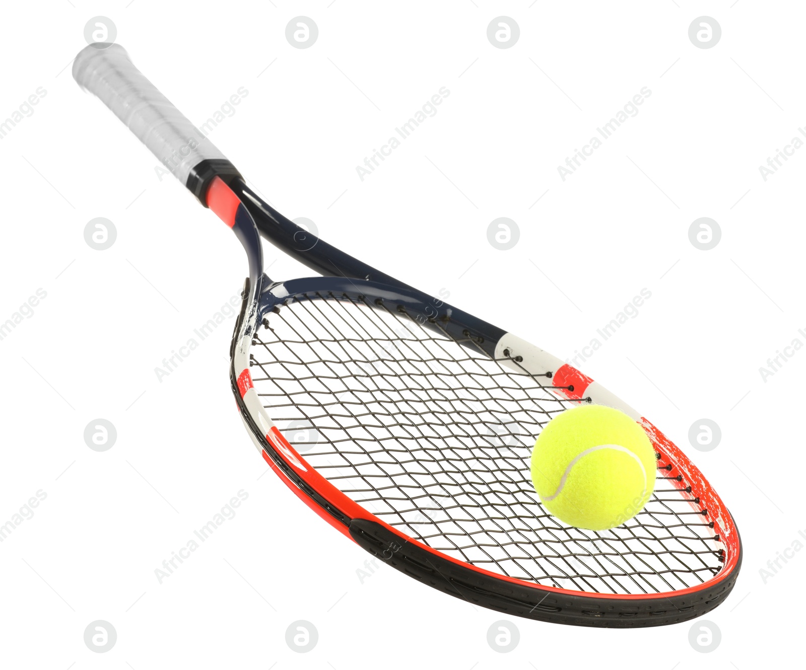 Photo of Tennis racket with ball isolated on white