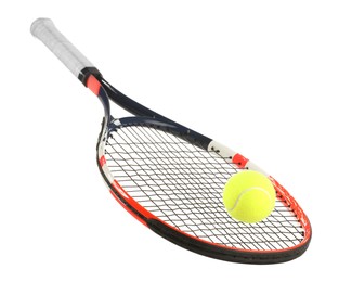 Photo of Tennis racket with ball isolated on white