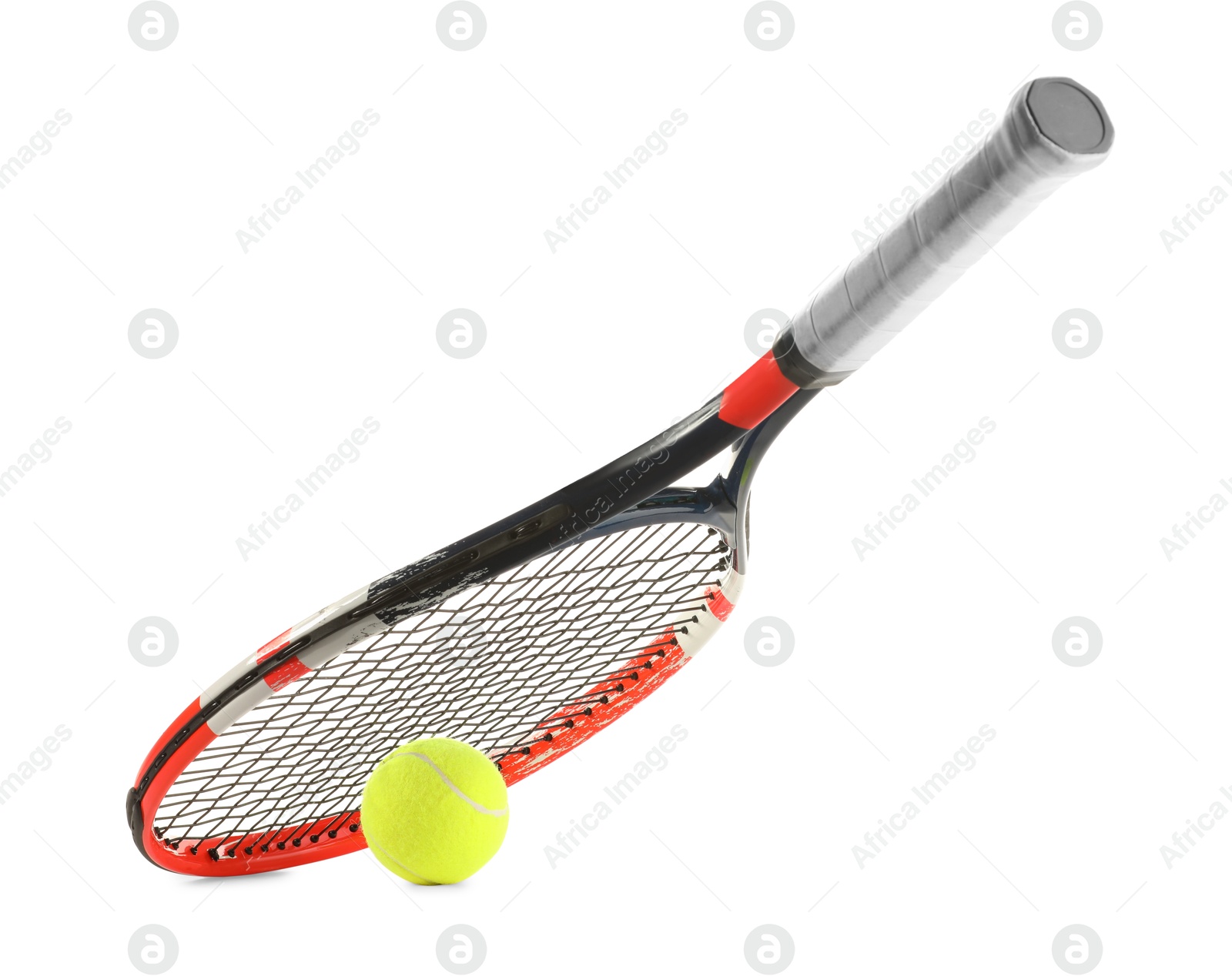 Photo of Tennis racket with ball isolated on white