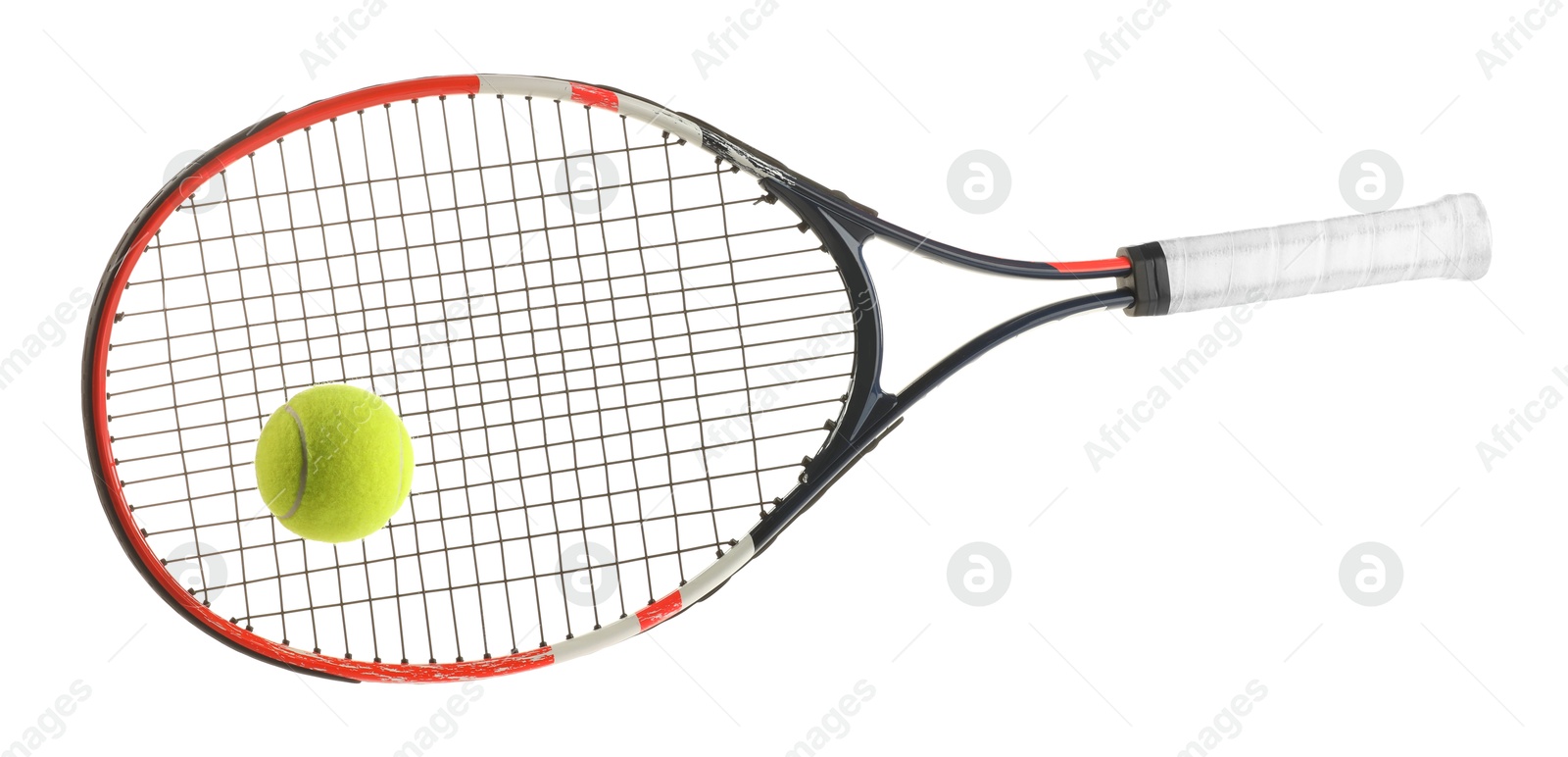 Photo of Tennis racket with ball isolated on white