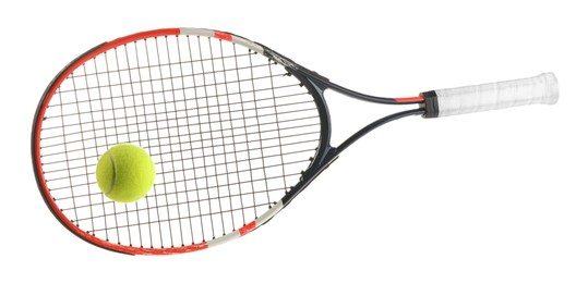 Photo of Tennis racket with ball isolated on white