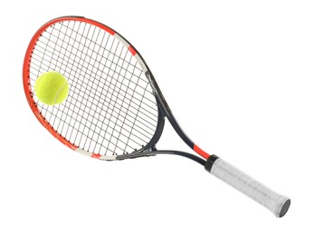 Photo of Tennis racket with ball isolated on white