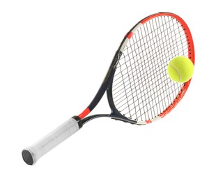 Photo of Tennis racket with ball isolated on white