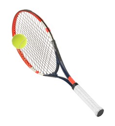 Photo of Tennis racket with ball isolated on white