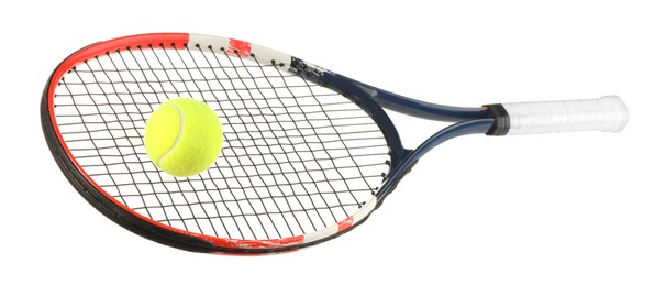 Photo of Tennis racket with ball isolated on white