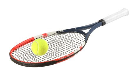 Photo of Tennis racket with ball isolated on white