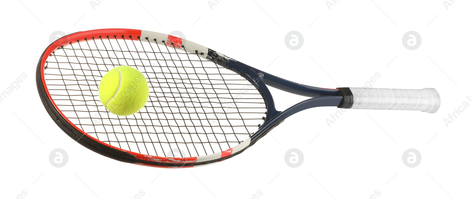 Photo of Tennis racket with ball isolated on white