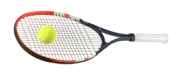 Photo of Tennis racket with ball isolated on white