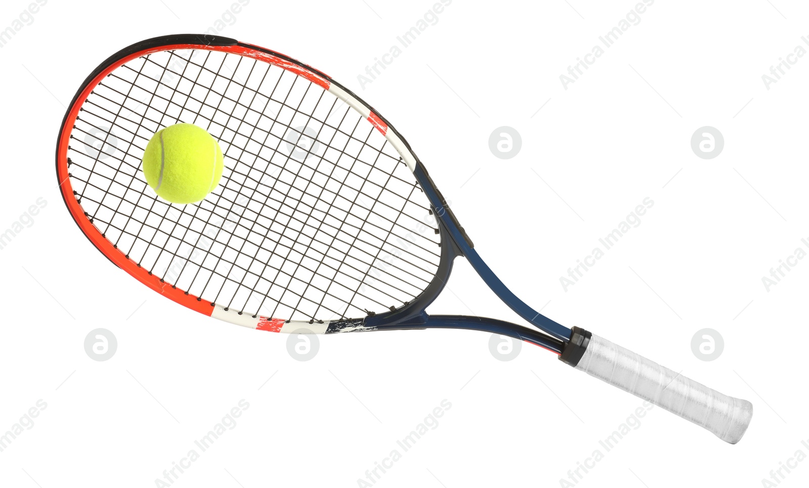 Photo of Tennis racket with ball isolated on white