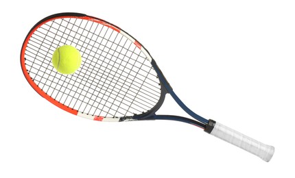 Photo of Tennis racket with ball isolated on white