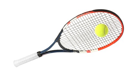 Photo of Tennis racket with ball isolated on white