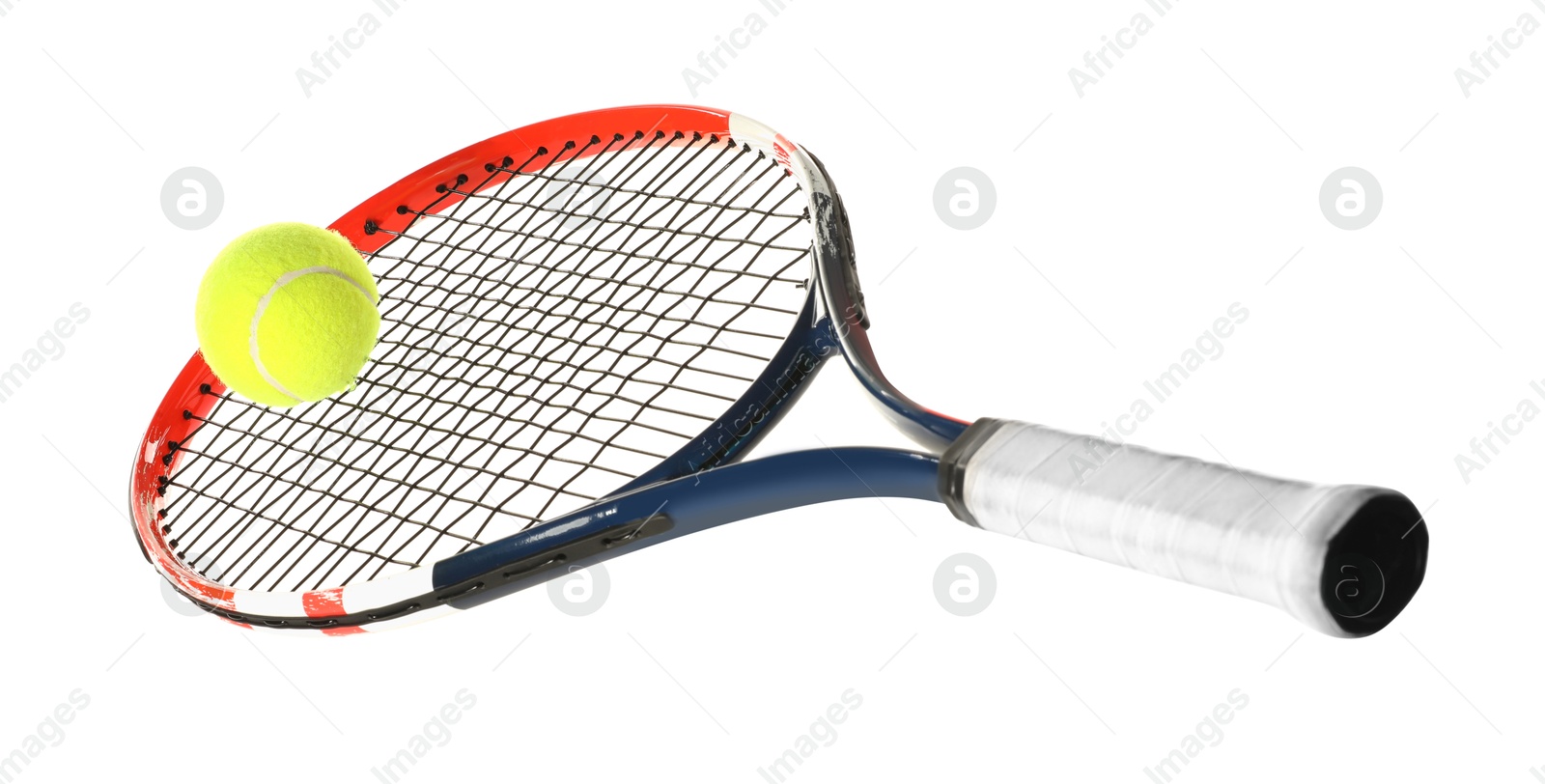 Photo of Tennis racket with ball isolated on white