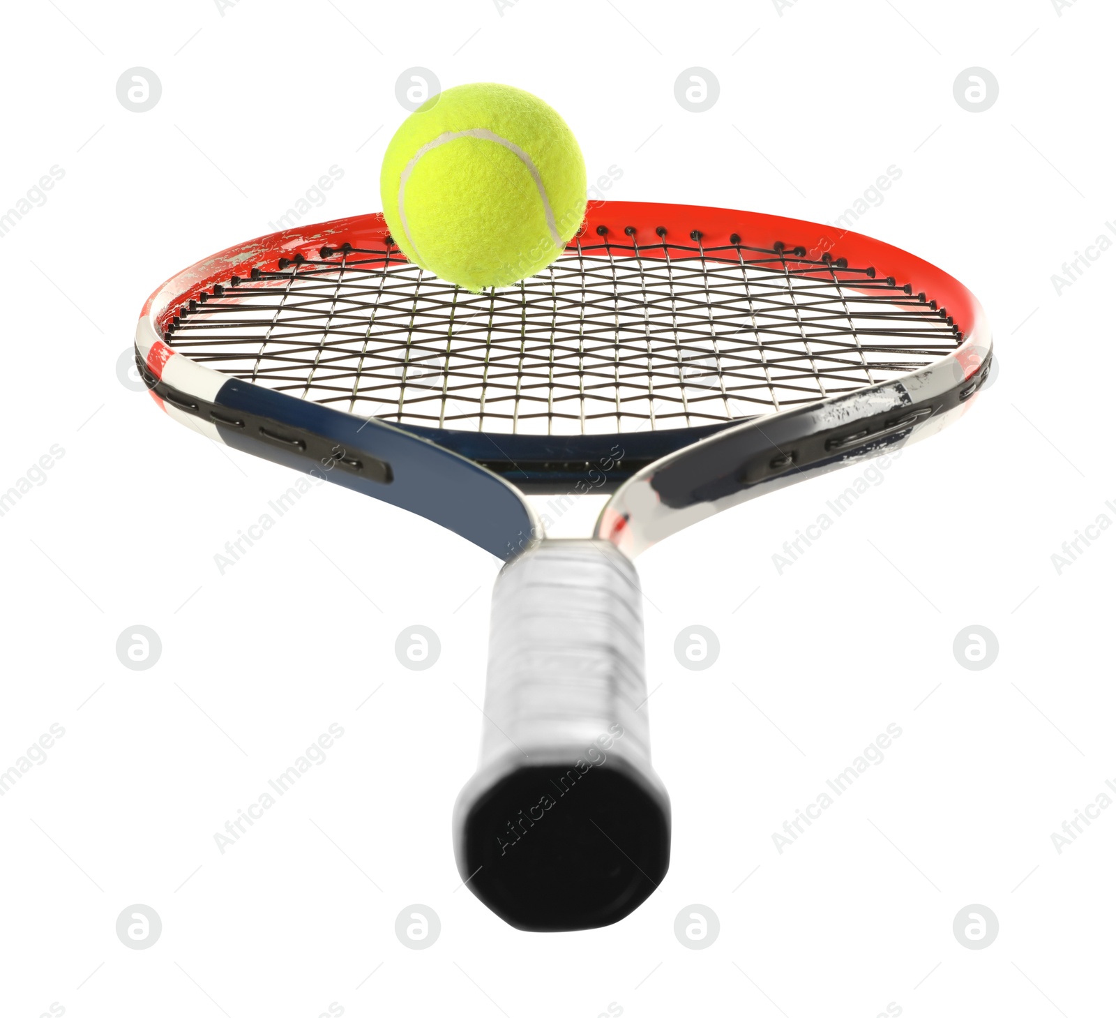 Photo of Tennis racket with ball isolated on white