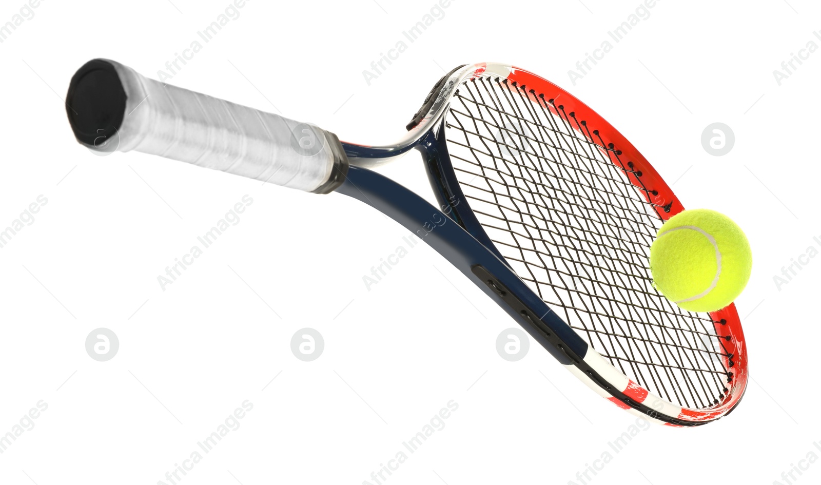 Photo of Tennis racket with ball isolated on white