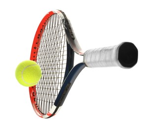 Photo of Tennis racket with ball isolated on white