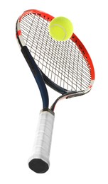 Photo of Tennis racket with ball isolated on white