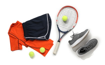 Photo of Tennis racket, balls, sneakers and sportswear on light background, flat lay