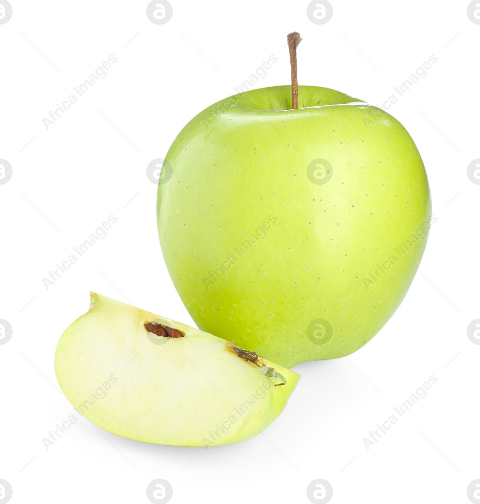 Photo of Whole and cut fresh green apples isolated on white