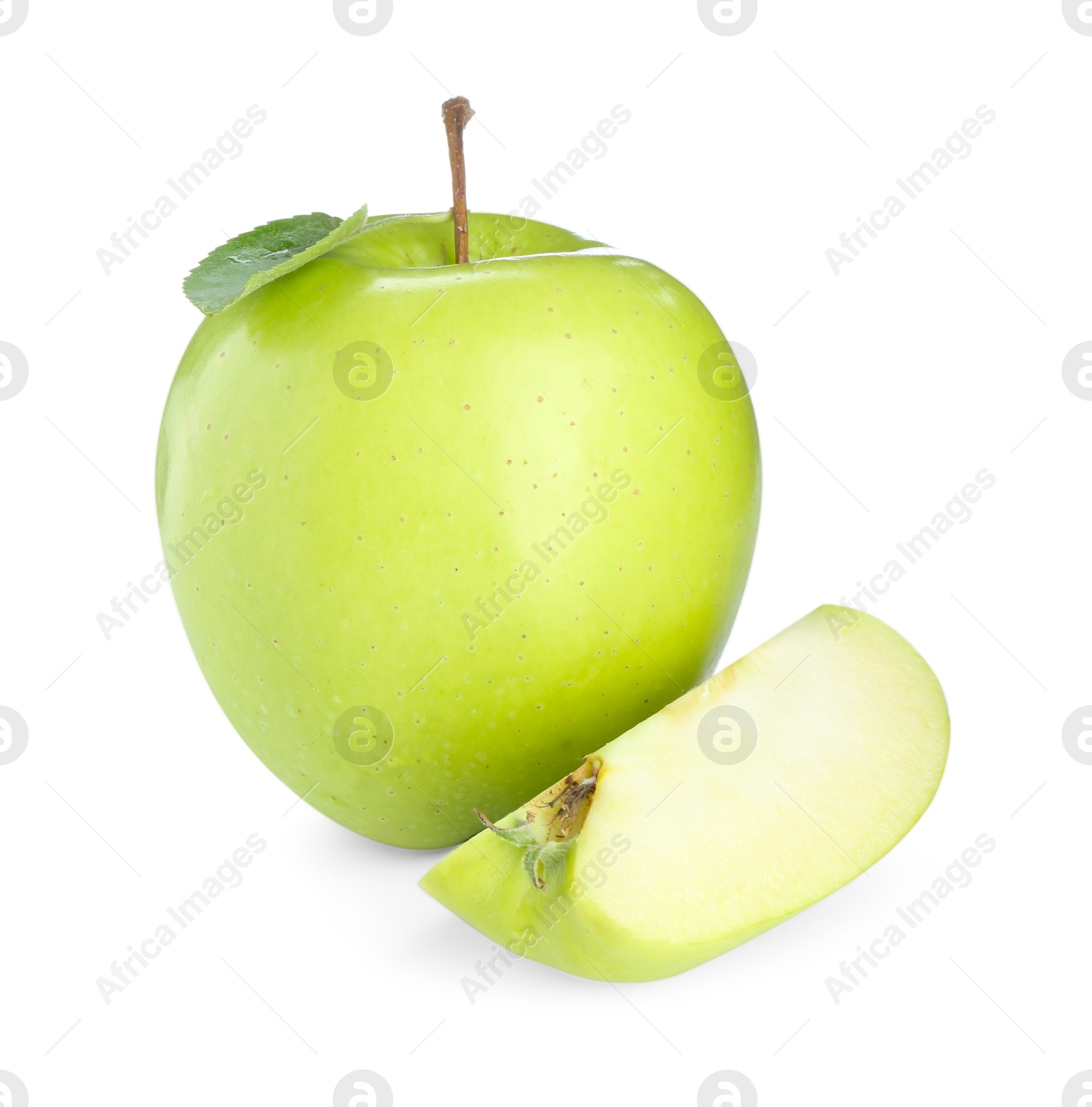 Photo of Whole and cut fresh green apples isolated on white