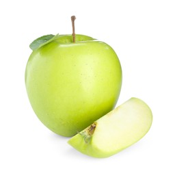 Photo of Whole and cut fresh green apples isolated on white