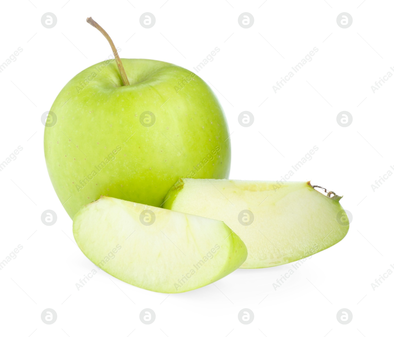 Photo of Whole and cut fresh green apples isolated on white