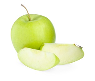 Photo of Whole and cut fresh green apples isolated on white