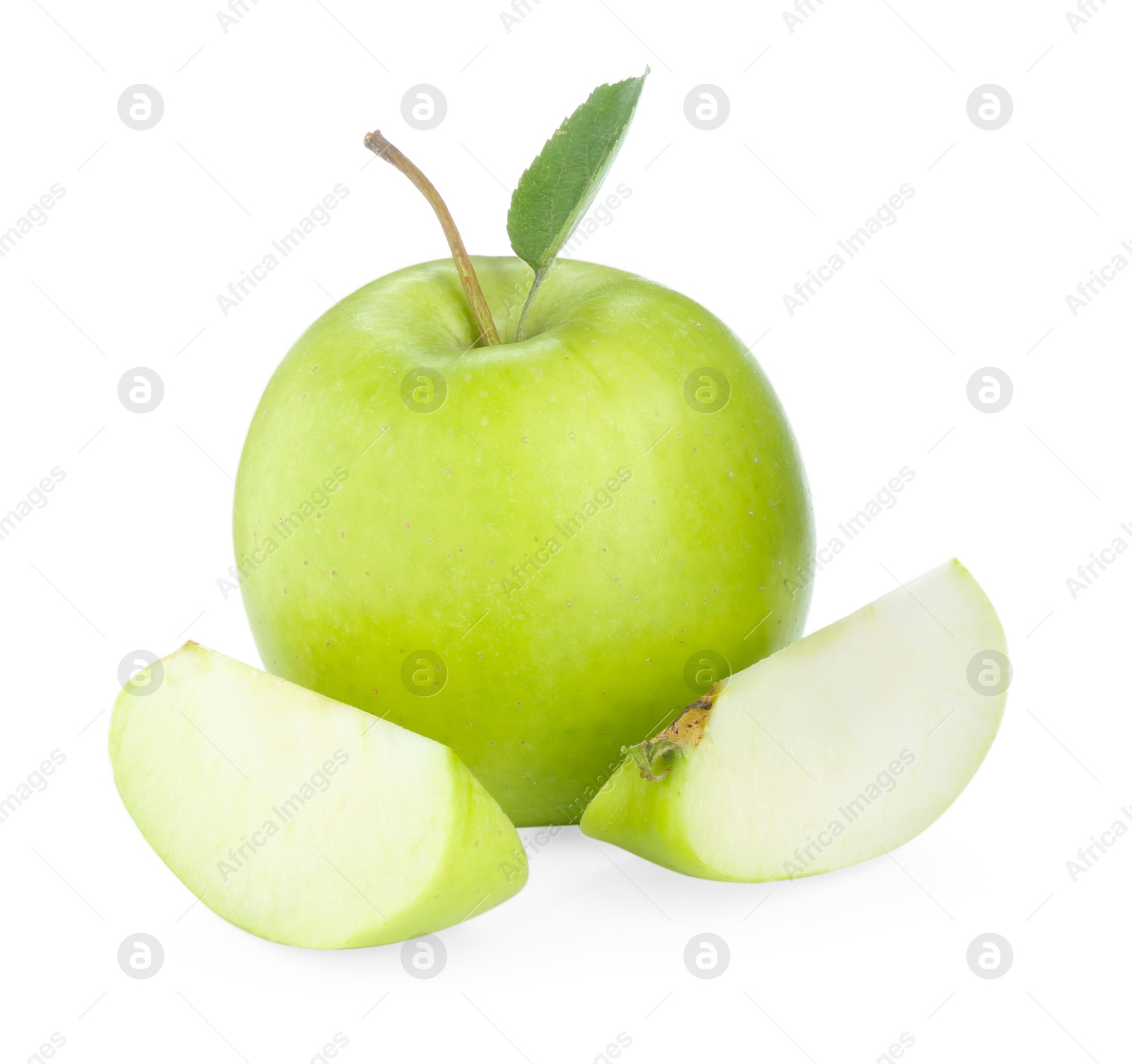 Photo of Whole and cut fresh green apples isolated on white