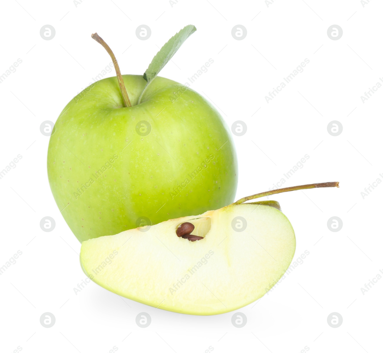 Photo of Whole and cut fresh green apples isolated on white