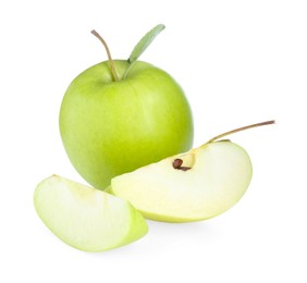 Photo of Whole and cut fresh green apples isolated on white