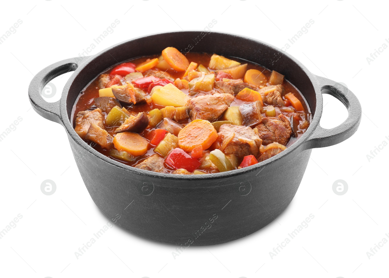 Photo of Delicious stew with vegetables in pot isolated on white