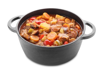 Photo of Delicious stew with vegetables in pot isolated on white