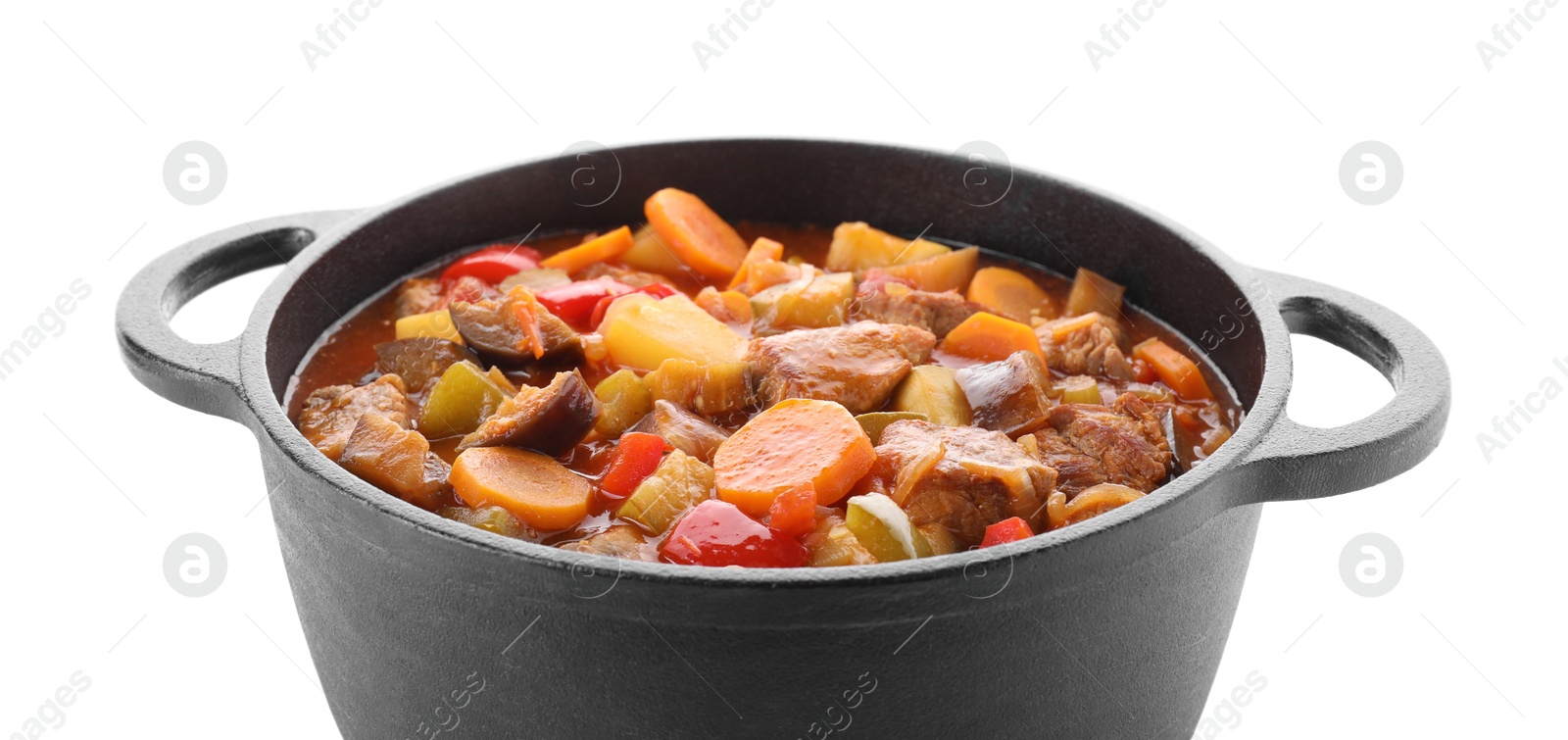 Photo of Delicious stew with vegetables in pot isolated on white