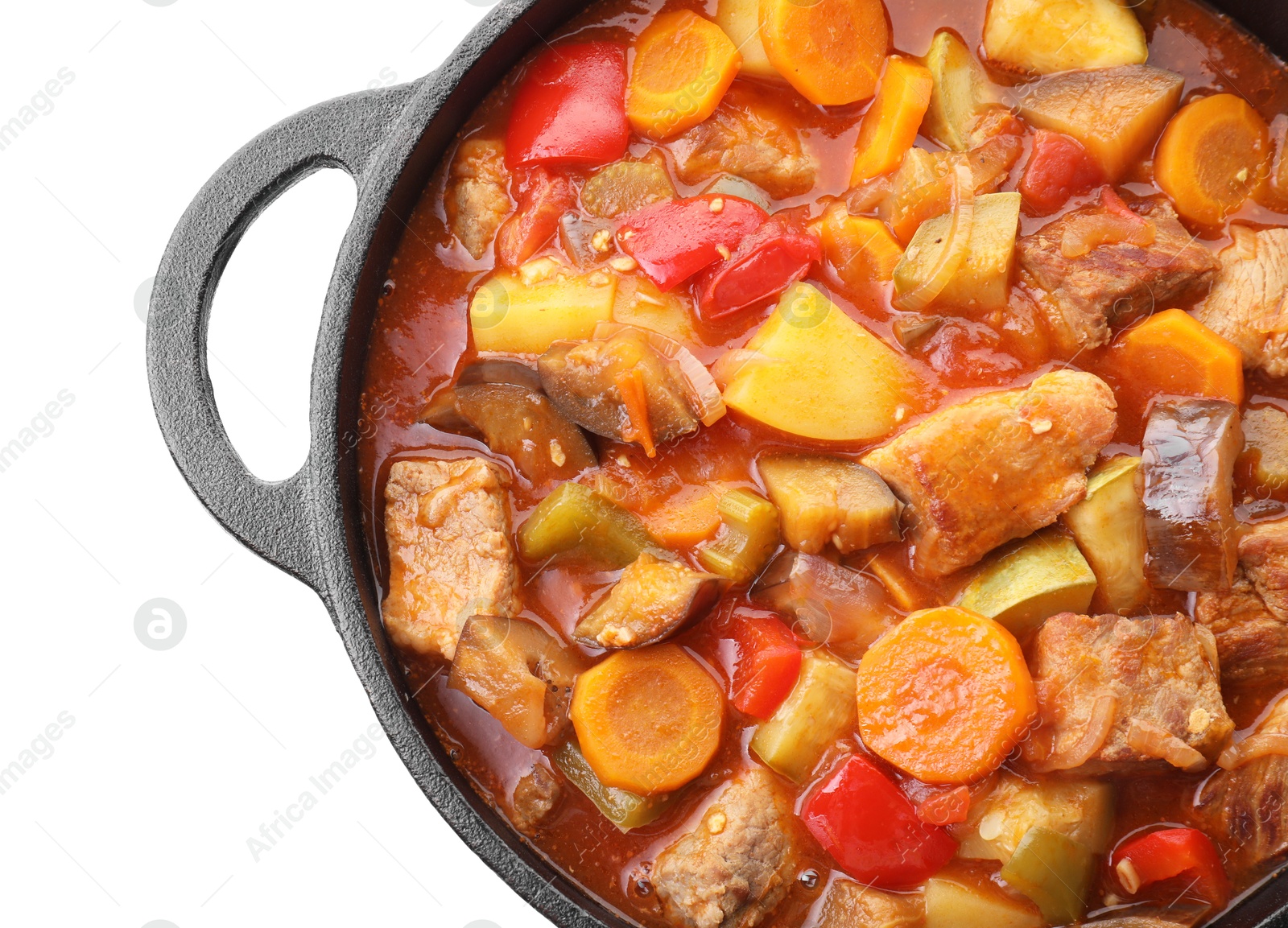 Photo of Delicious stew with vegetables in pot isolated on white, top view