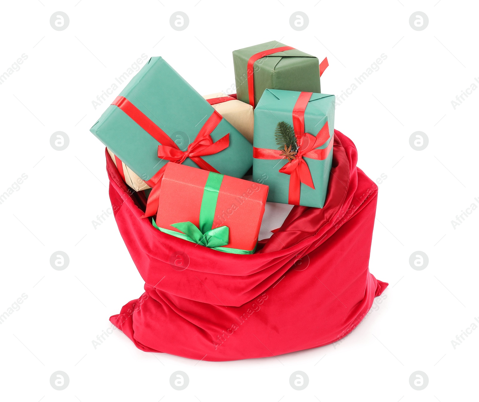 Photo of Santa Claus bag full of presents isolated on white