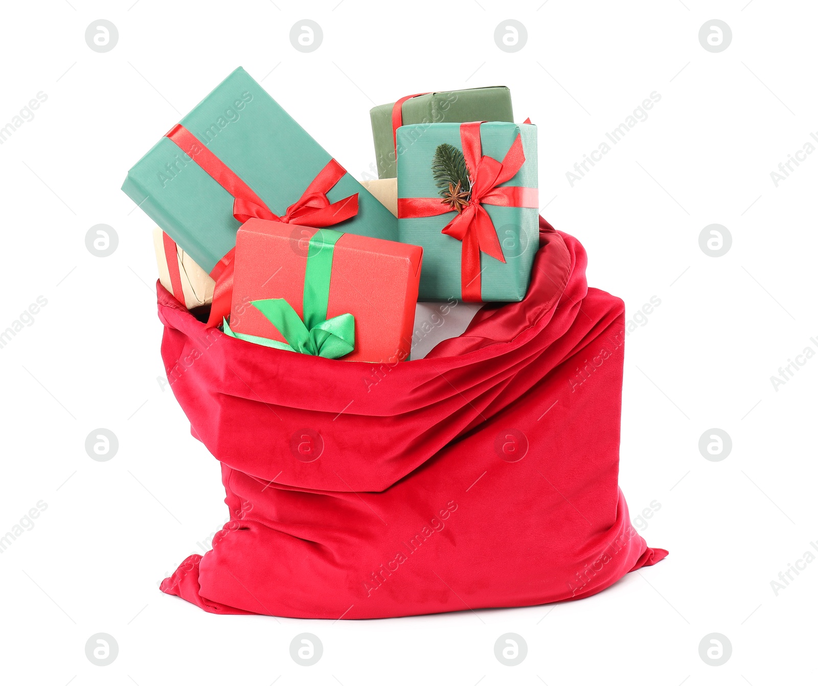 Photo of Santa Claus bag full of presents isolated on white