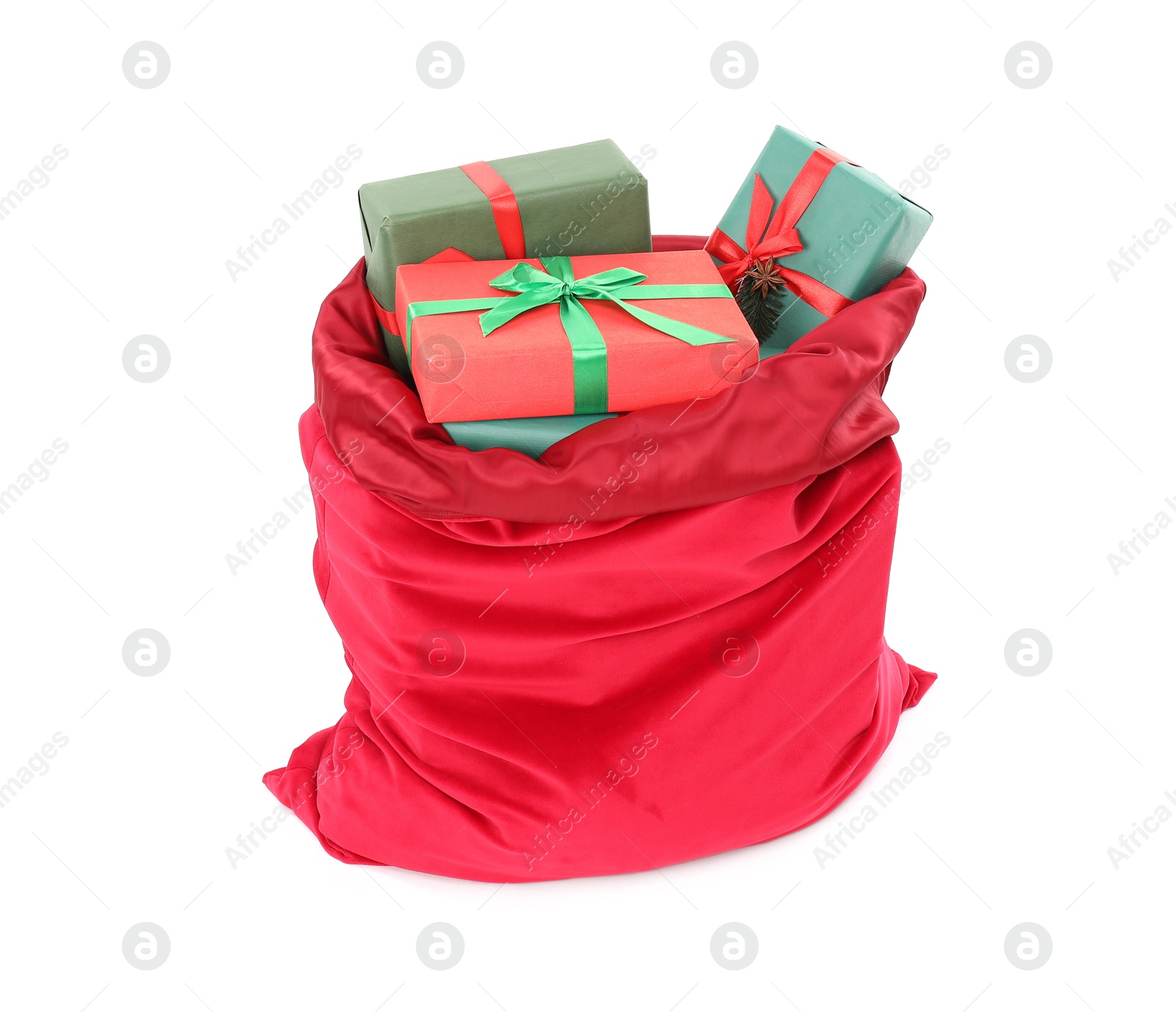 Photo of Santa Claus bag full of presents isolated on white