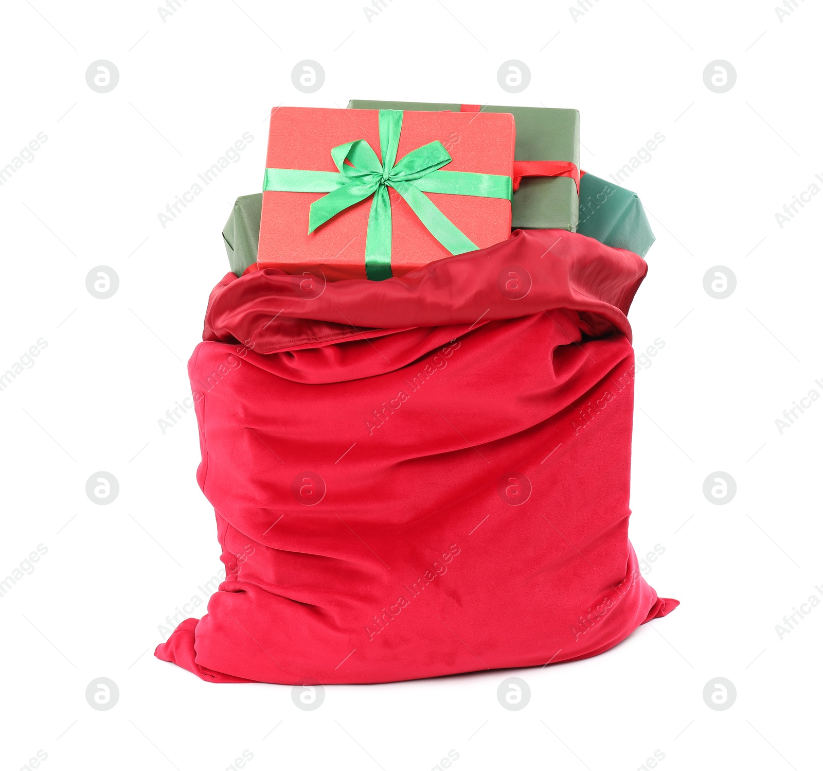 Photo of Santa Claus bag full of presents isolated on white