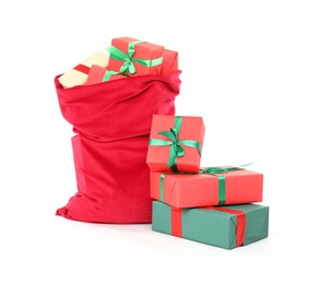 Photo of Santa Claus bag full of presents isolated on white