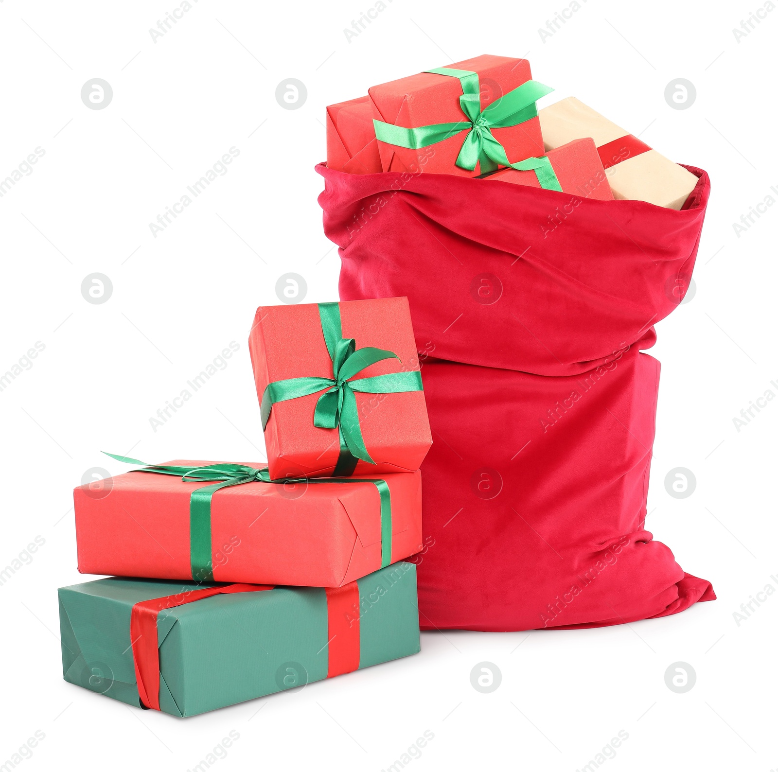 Photo of Santa Claus bag full of presents isolated on white