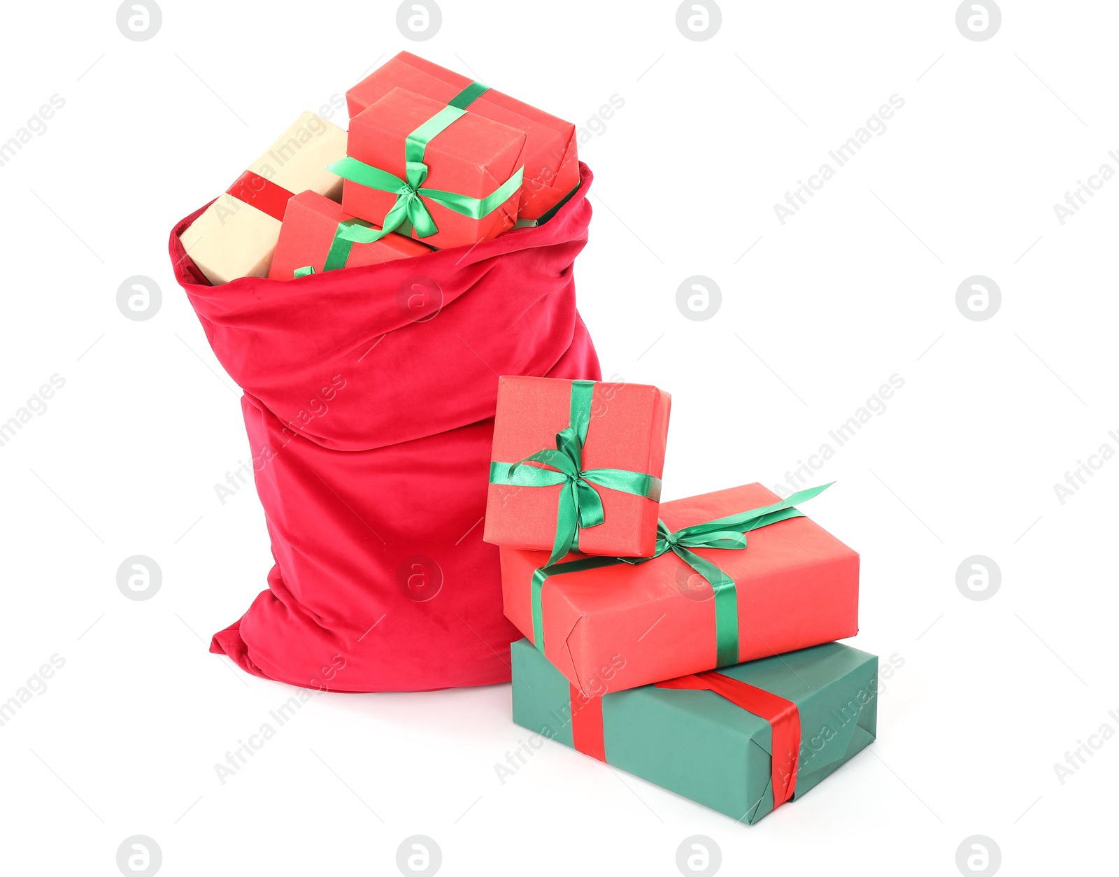 Photo of Santa Claus bag full of presents isolated on white