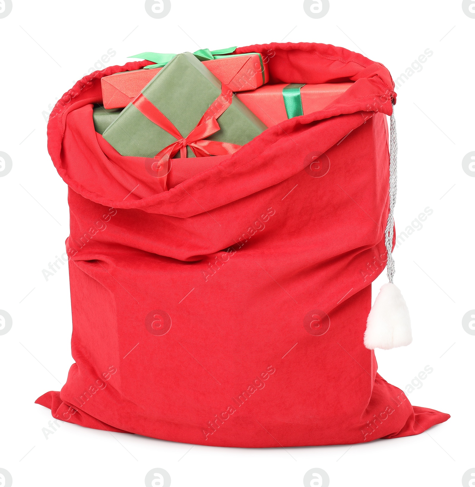 Photo of Santa Claus bag full of presents isolated on white