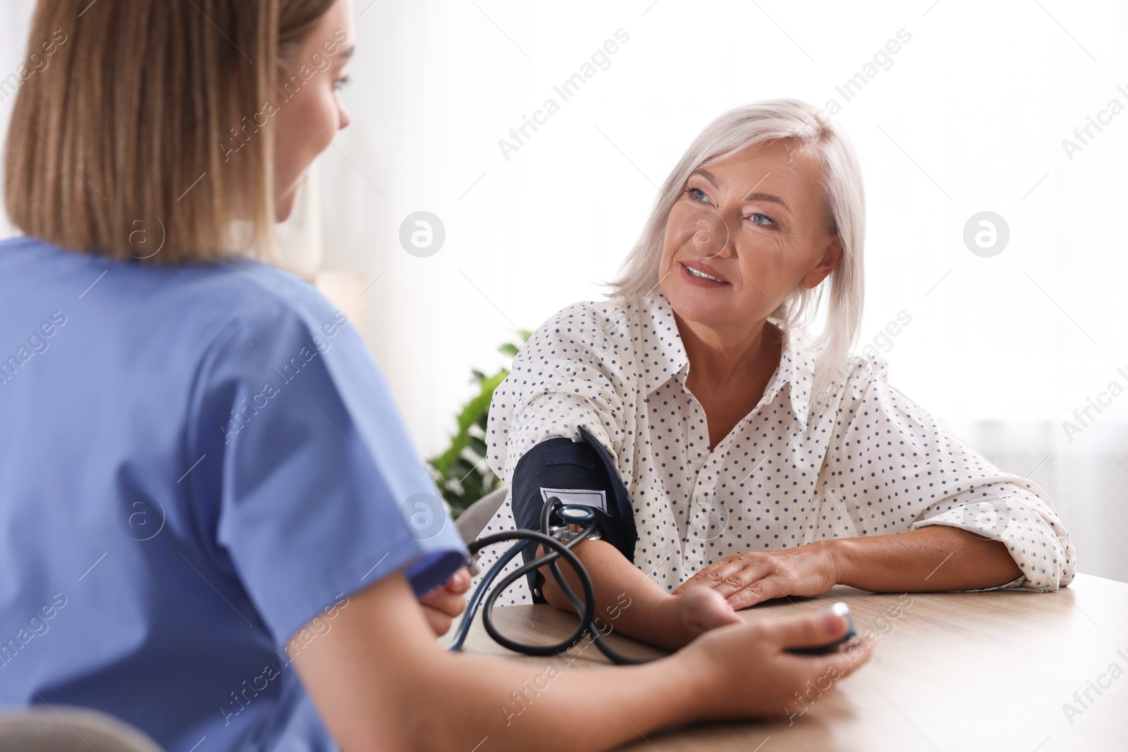 Photo of Healthcare worker measuring patient's blood pressure at wooden table indoors